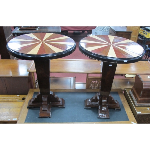 1576 - A Pair of Inlaid Art Deco Style Star Top Circular Tables, on tapering column supports, 74cm high, 60... 