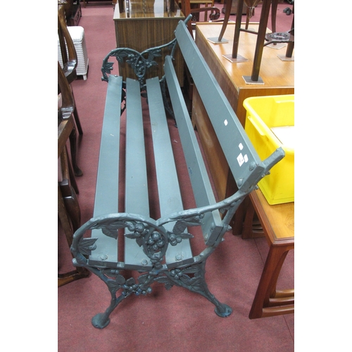 1581 - Probably XIX Century Grey Painted Cast Iron Garden Bench, with leaf and berry decoration, with woode... 