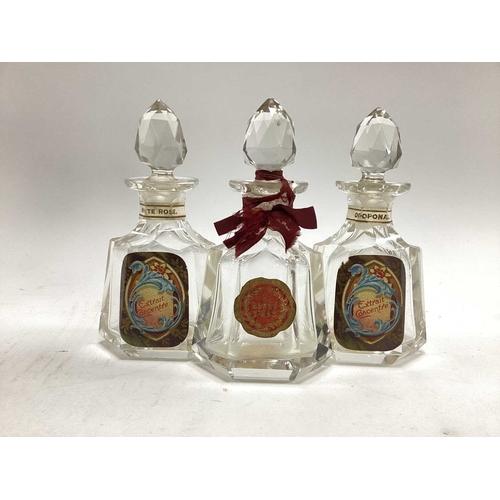 1393 - Edwardian Set of Three Perfume Bottles, each cut glass bottle complete with stoppers and labels for ... 