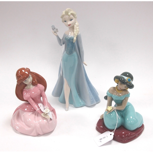 1257 - Nao Disney Collection figurines including Elsa 27.5cm high and seated Ariel and Jasmine. (3)