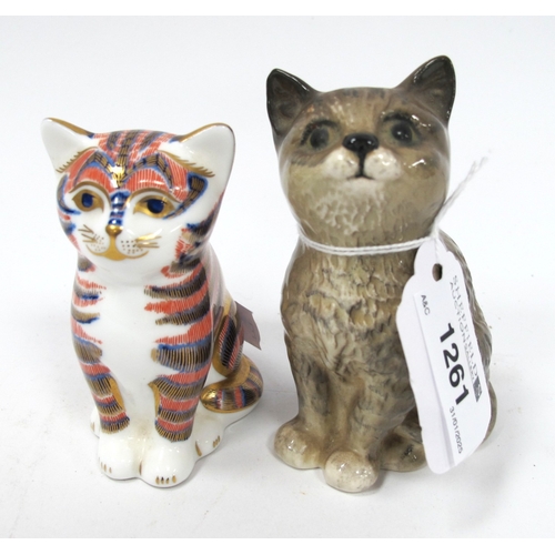 1261 - Royal Crown Derby Imari Cat, 8cm tall, with gold stopper, Beswick Grey Tabby Cat. (2)