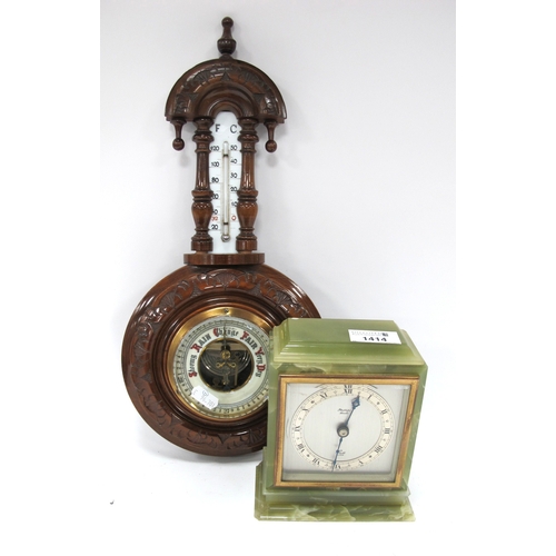 1414 - Elliott Mantle Clock for Phillips, Leeds, having silvered dial and green onyx caseing 13cms wide (ba... 