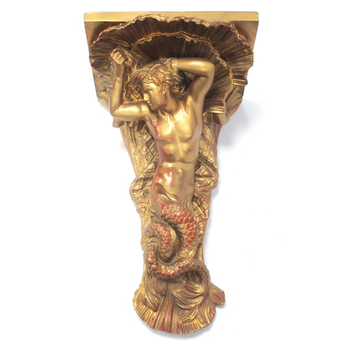 1343 - A Large Plaster Gilded Wall Bracket, in the form of a mermaid below a shell, 54cm tall. not wood, pl... 