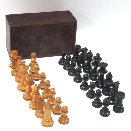 1391 - An Early XX Century Turned Wood Chess Set, king 8cm high, contained in a wooden box with sliding lid... 