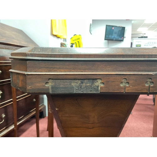 1567 - A XIX Century Rosewood Work Table, hinged shell inlay lid, tapering pedestal to quatrefoil feet on s... 