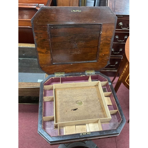 1567 - A XIX Century Rosewood Work Table, hinged shell inlay lid, tapering pedestal to quatrefoil feet on s... 