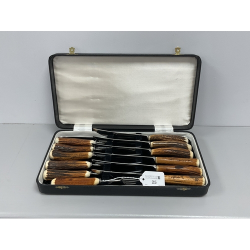 25 - A Set of Six Stag Handled Taylor's Eye Witness Steak Knives and Forks, in original fitted case.