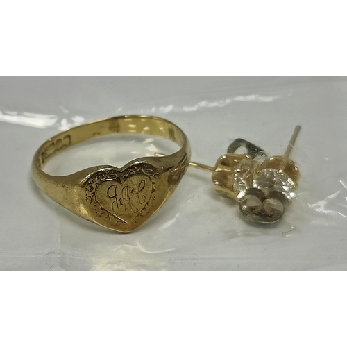 51 - A 9ct Gold Heart Shaped Signet Ring, initialled (worn) (finger size P1/2) (2.5grams), and a pair of ... 