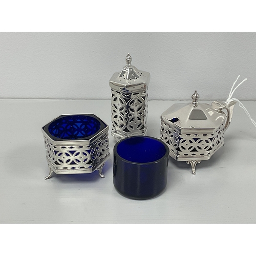 7 - A Hallmarked Silver Cruet Set, K&H Ltd, 1926, comprising salt cellar, lidded mustard and pepper pot,... 