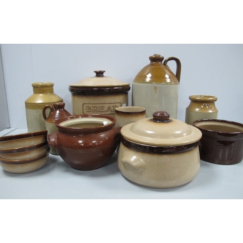 1004 - Stoneware Bread Bin and Lid, various other stoneware to include lidded tureen, pots, flagon etc :- O... 