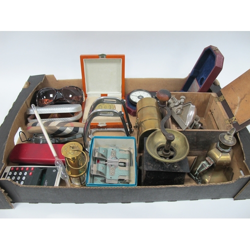 1008 - Compass, mini miner's lamp, calculators, coffee mill, spectacles, spurs, rapier plane, etc:- One Box... 