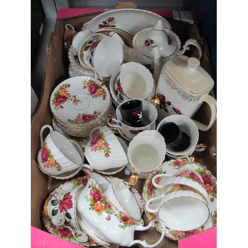 1027 - Royal Albert Old Country Roses Gravy Boat, three cereal bowls, three jam jars (2nd quality) Stafford... 