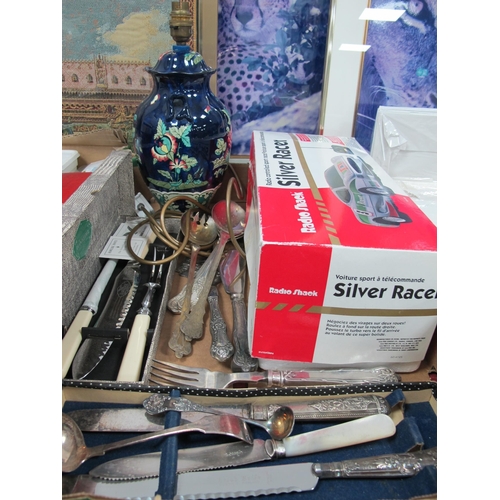 1053 - Radio Shack Silver Racer, Losol 'Jacobean' lamp. silver handled bread knife. Plated ladles, other cu... 