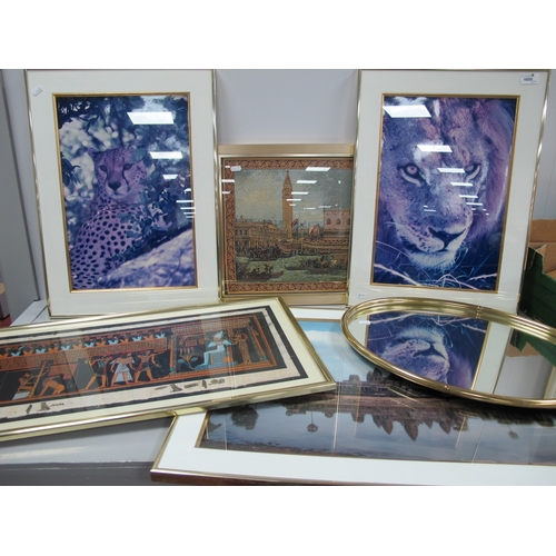 1055 - A Mixed Media Painting of Egyptian Pharaohs, framed European wall tapestry, three pictures and an ov... 