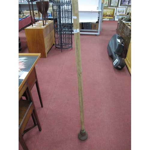 1159 - Cast Iron Tarmac Pressing Stick with wooden shaft, approx 141cm long.