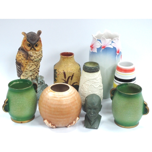 1187 - Franz Ceramic Vase 26cm tall, Art Deco Bulbous '558', Ashby Wilton and other vases, pottery owl, pla... 