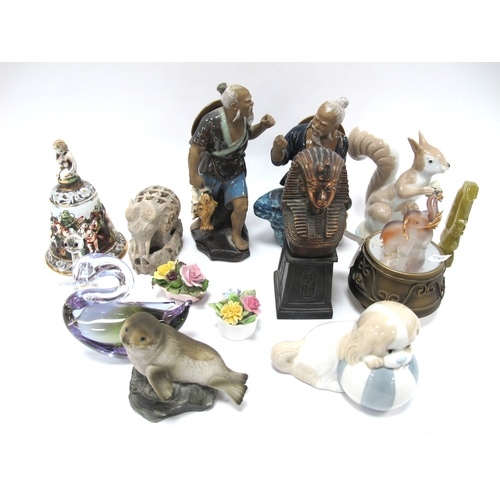 1201 - Swarovski Cat (ear chips), Tutankhamun bust, Spanish and Chinese figures, posies, etc:- One Tray