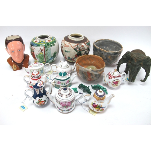 1202 - Oriental Ginger Jars (No Lids), crackleware bowls, mini teapots, malachite rhinos, etc:- One Tray.