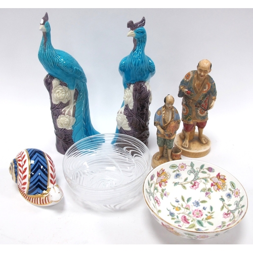 1214 - Oriental Pair of Porcelain Exotic Bird Ornaments, (One Damaged) 25cm tall, Crown Derby snail paperwe... 