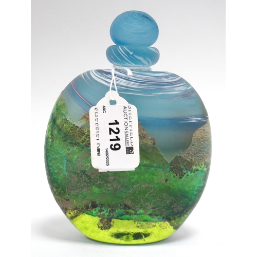 1219 - Greenhalgh Studio Glass Scent Bottle, in blue and green, featuring mountain landscape, signed under ... 