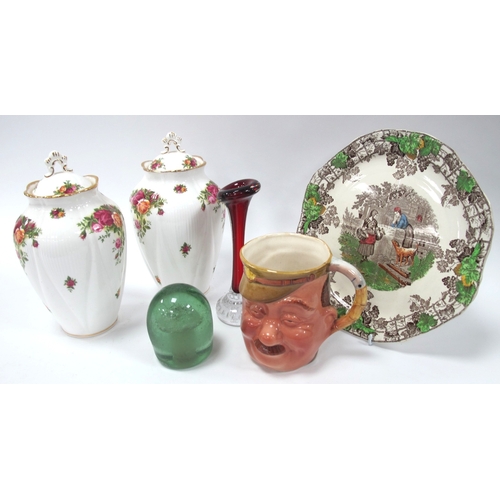 1235 - A Pair of Royal Albert 'Old Country Roses' vases, Beswick jug 'Bruce Bairnsfather Old Bill', green g... 