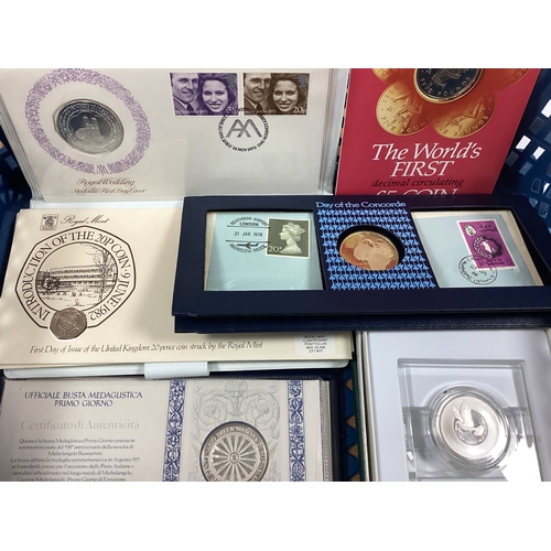 413 - Collection Of Silver Coins And Medallic First Day Covers, including a 1974 United Nations silver pro... 