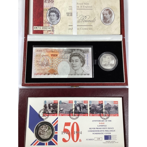 440 - Royal Mint £10 Banknote And Silver Proof Crown Set, together with a Royal Mint 50th anniversary of t... 