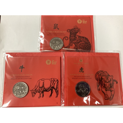 459 - Three Royal Mint Lunar Year Bunc £5 Coin Packs, 2020 year of the rat, 2021 year of the ox and a 2022... 