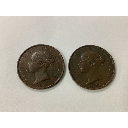 468 - 1845 Rare Victoria Young Head GB Half Penny, together with an 1843 Victoria young head Half Penny.