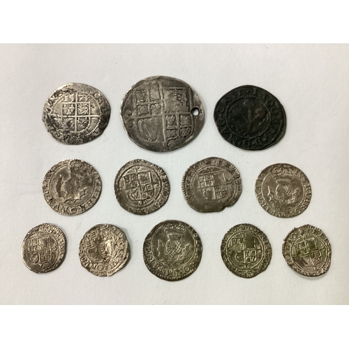 529 - Collection Of Twelve GB Hammered Coins, includes a 1629 Scotland One Penny, Charles I Shilling, Char... 