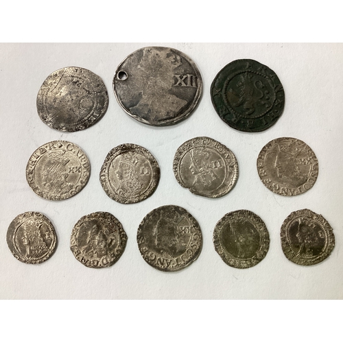 529 - Collection Of Twelve GB Hammered Coins, includes a 1629 Scotland One Penny, Charles I Shilling, Char... 