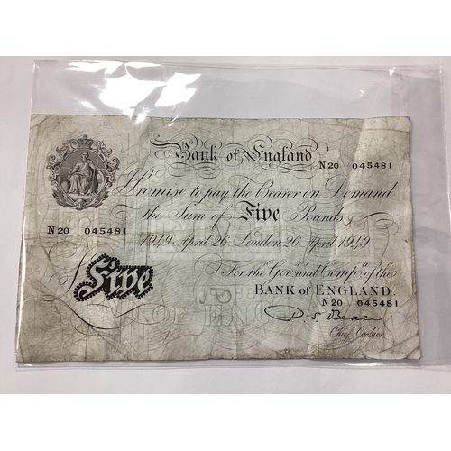 533 - 1949 Bank Of England White £5 Banknote, chief cashier P.S. Beale.