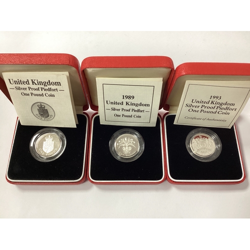 539 - Three Royal Mint Silver Proof Piedfort £1 Coins, 1988, 1989 and 1993, all cased with certificates of... 