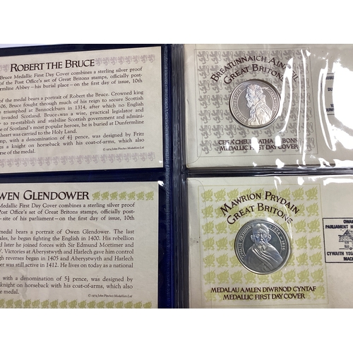 553 - Four Great Britons Silver Medallic First Day Covers, including Robert the Bruce, Owen Glendower, Hen... 