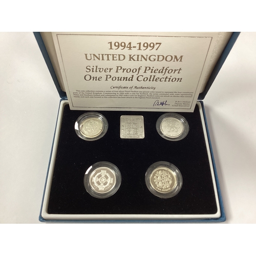 559 - Royal Mint 1994-1997 UK Silver Proof Piedfort £1 Four Coin Set, cased with a certificate of authenti... 