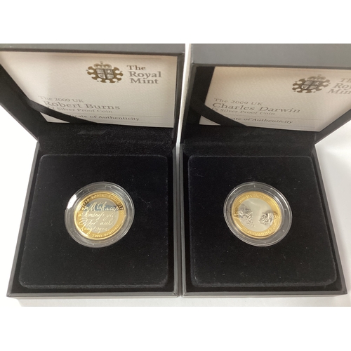 564 - Two Royal Mint 2009 UK Silver Proof £2 Coins, includes Charles Darwin and Robert Burns, both cased w... 