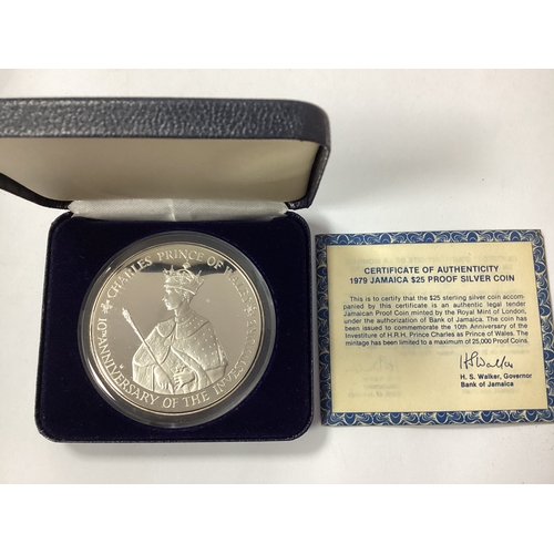 567 - 1979 Jamaica Silver Proof £25 Coin, total weight 136g, cased with a certificate of authenticity.