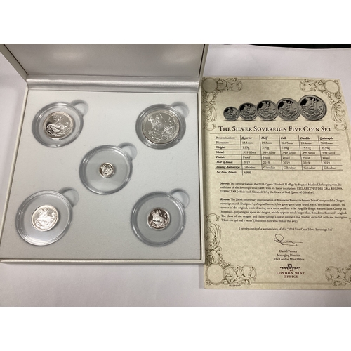 571 - 2019 London Mint Gibraltar Five Coin Silver Proof Sovereign Set, cased with a certificate of authent... 