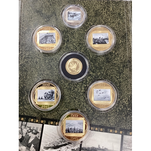 584 - The Road To Victory 1939-45 Seven Coin Set, including a Gibraltar 9ct gold double Crown coin (8g), i... 