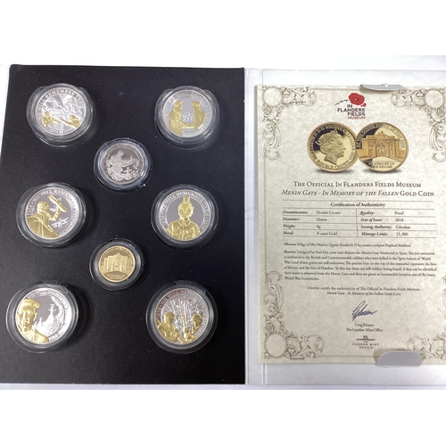 585 - 2018 London Mint 'We Will Remember Them' Eight Coin Set, including a 9ct gold proof Gibraltar double... 