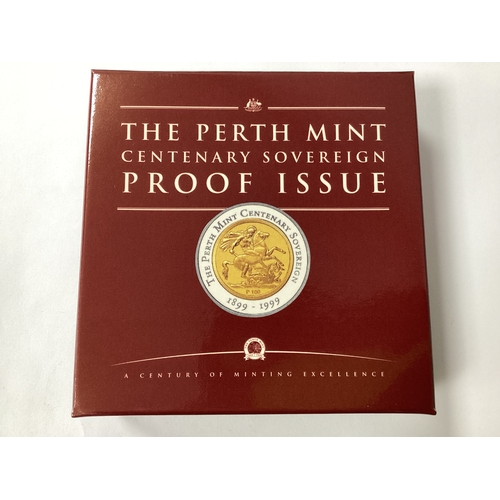 612 - 1999 Perth Mint Centenary Gold Proof Sovereign, with a fine silver border, cased with a certificate ... 