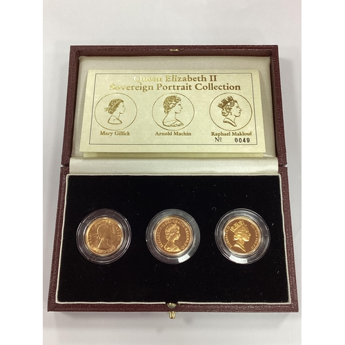 638 - Royal Mint QEII Gold Sovereign Three Coin Portrait Collection, cased with a certificate of authentic... 