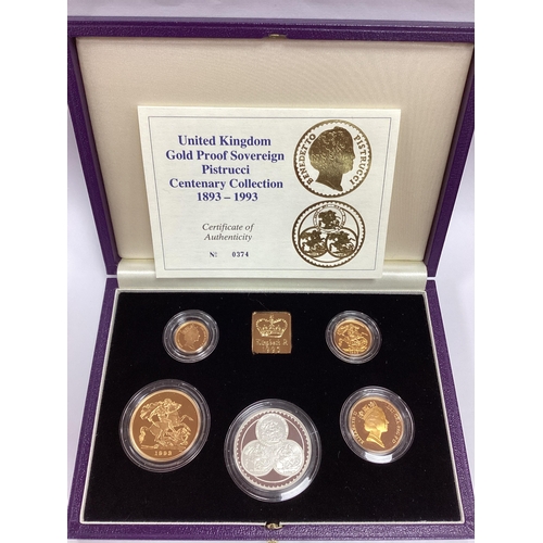 639 - 1993 Royal Mint Pistrucci Centenary Gold Proof Sovereign Collection, includes a £5, £2, Sovereign an... 