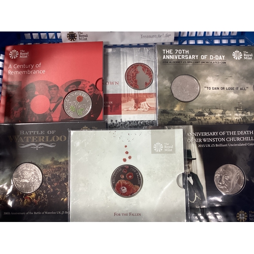 430 - Six Royal Mint UK Military Themed £5 Bunc Coin Packs, includes a 2020 Unknown Warrior, 2019 Remembra... 