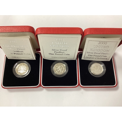 541 - Three Royal Mint Silver Proof Piedfort £1 Coins, 1998, 1999 and 2000, all cased with certificates of... 