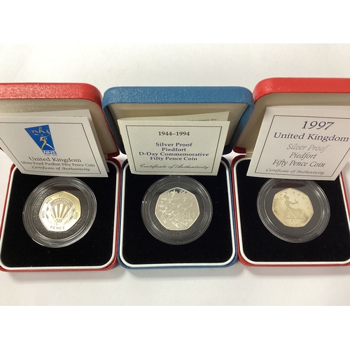 550 - Three Royal Mint Silver Proof Piedfort 50p Coins, including a 1994 D-Day, 1997 and a 1998 NHS, all c... 