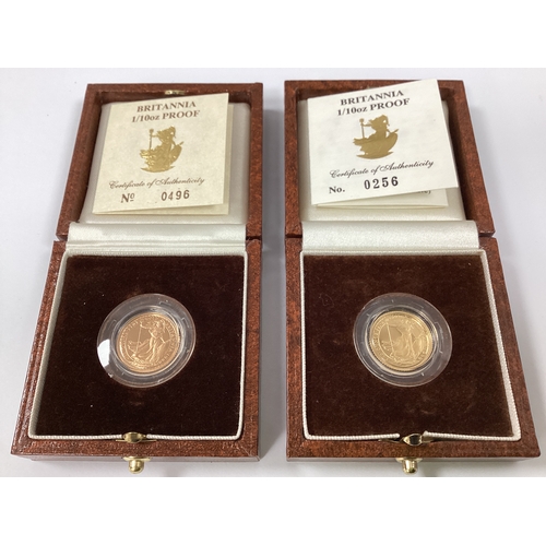 581 - Two Royal Mint Gold Proof 1/10oz Britannia £10 Coins, both cased with certificates of authenticity.