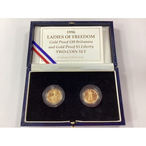 583 - 1996 Royal Mint Ladies Of Freedom Gold Proof Two Coin Set, includes a £10 Britannia and a $5 Liberty... 