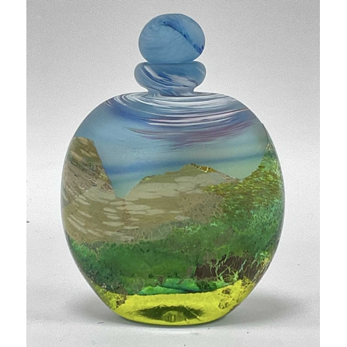 1219 - Greenhalgh Studio Glass Scent Bottle, in blue and green, featuring mountain landscape, signed under ... 