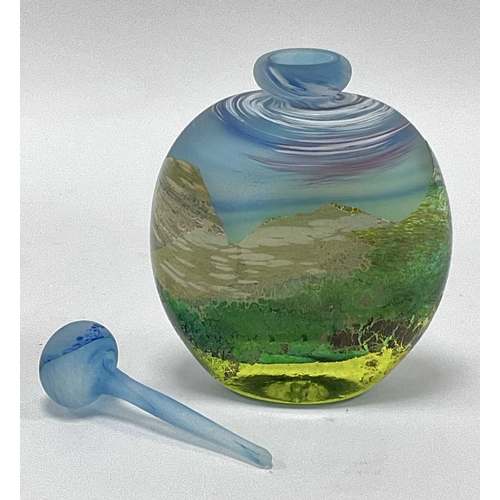 1219 - Greenhalgh Studio Glass Scent Bottle, in blue and green, featuring mountain landscape, signed under ... 